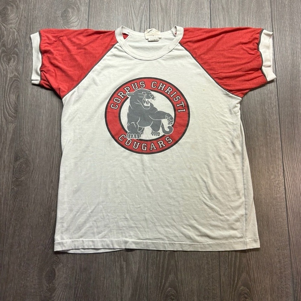 Vintage 80s Corpus Christi Cougars Raglan T-Shirt Red White Mens Small Medium